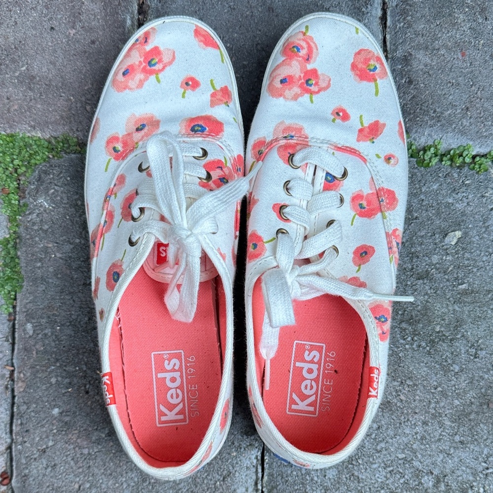 Keds Floral Sneakers - Cream and coral, size 5.5